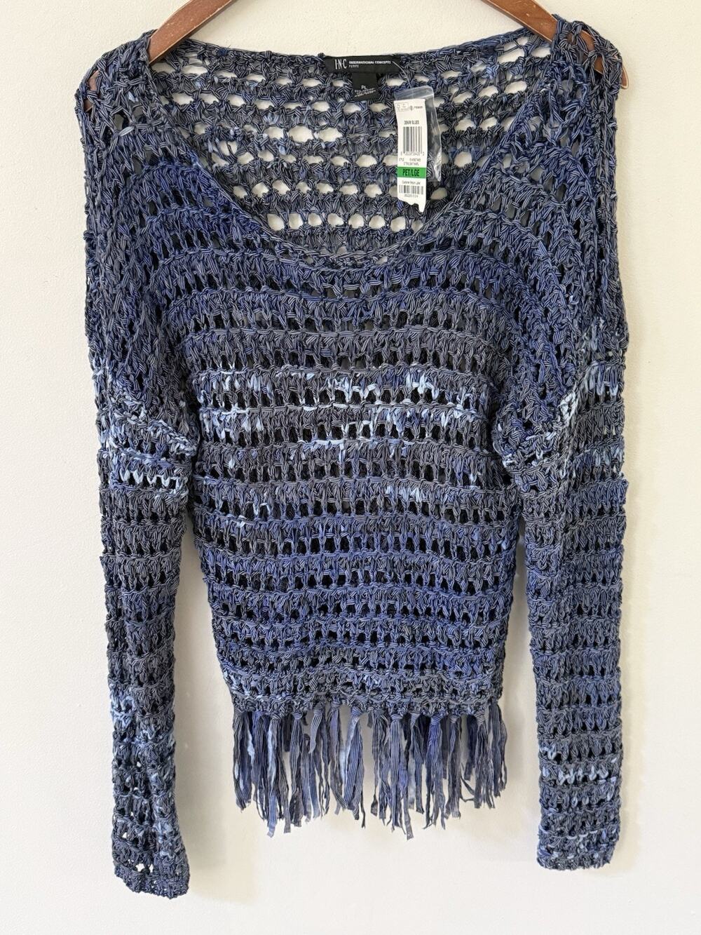 International Concept Inc Denim Blues Crochet Top Blue Fringe Womens Large New